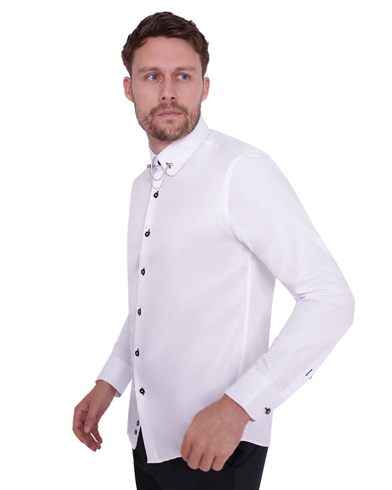White Round Collar Pin Shirt-Makrom