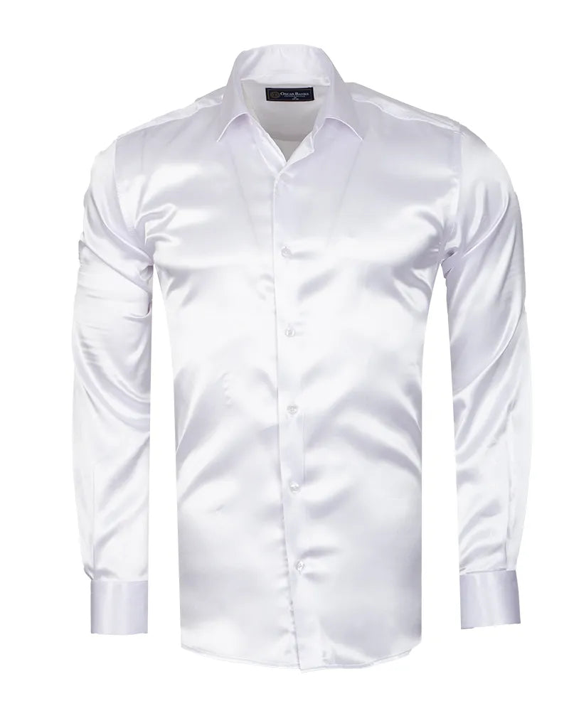 White Shiny Plain Satin Classic Men’s Shirt-Makrom