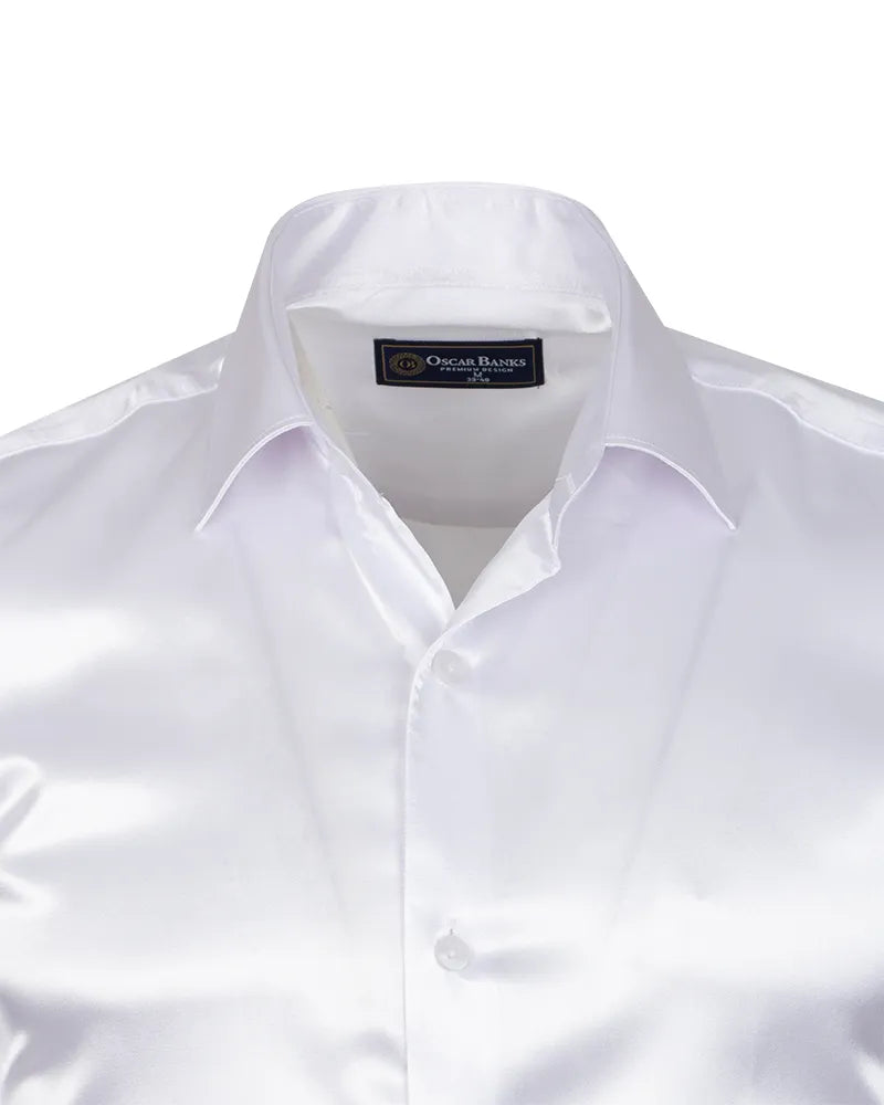 White Shiny Plain Satin Classic Men’s Shirt-Makrom