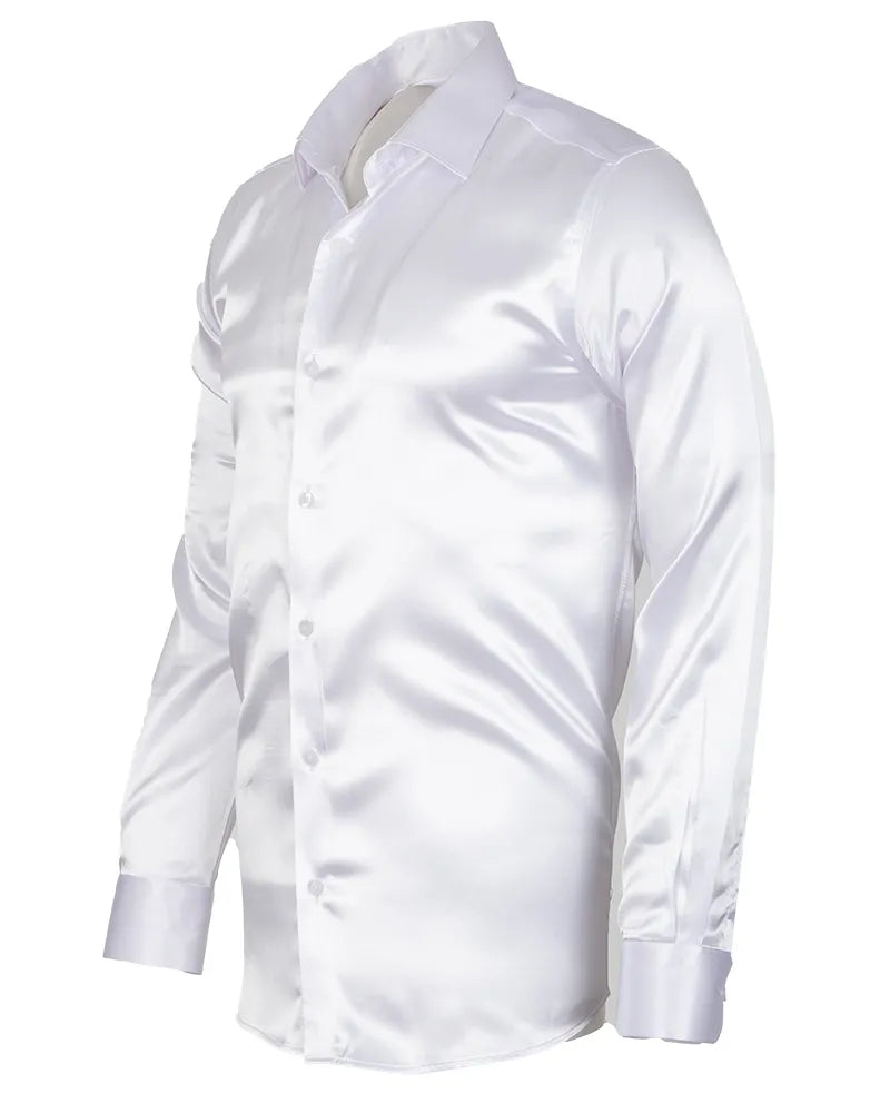 White Shiny Plain Satin Classic Men’s Shirt-Makrom