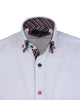 White shirt with a colorful striped collar on a white background