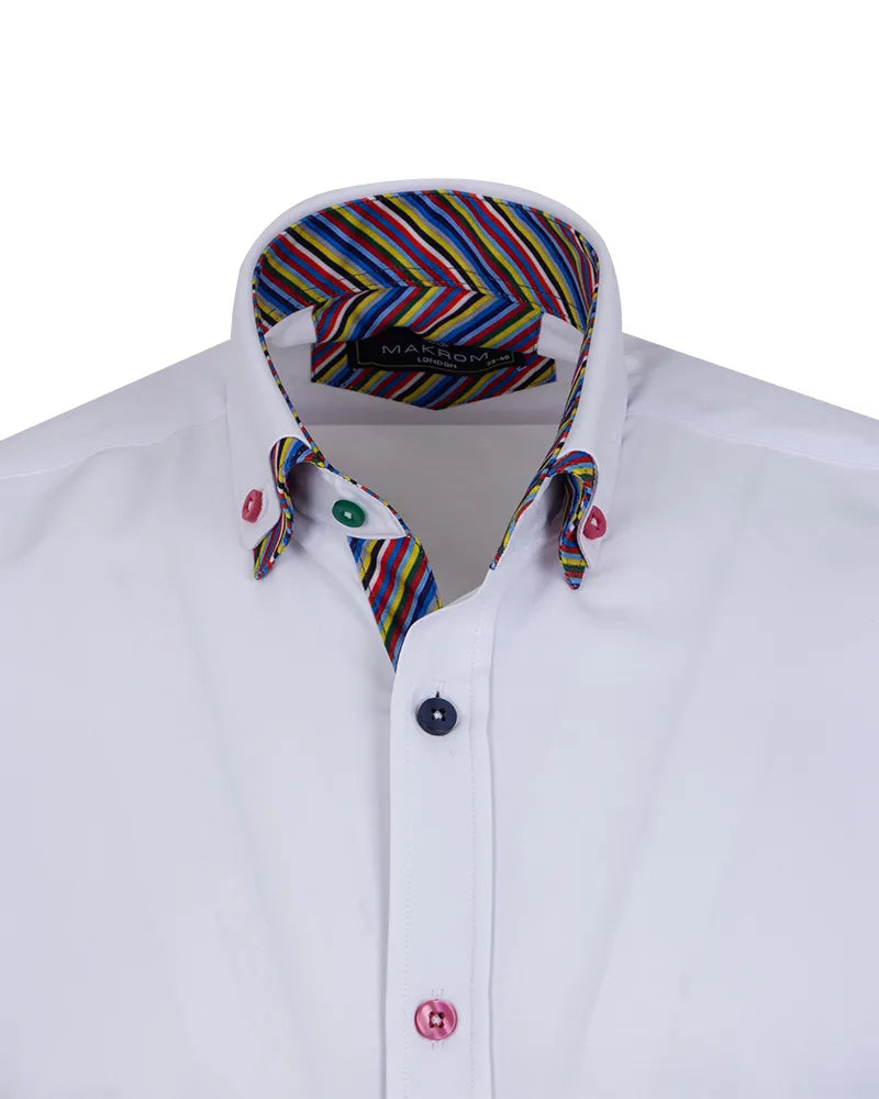 White shirt with a colorful striped collar on a white background
