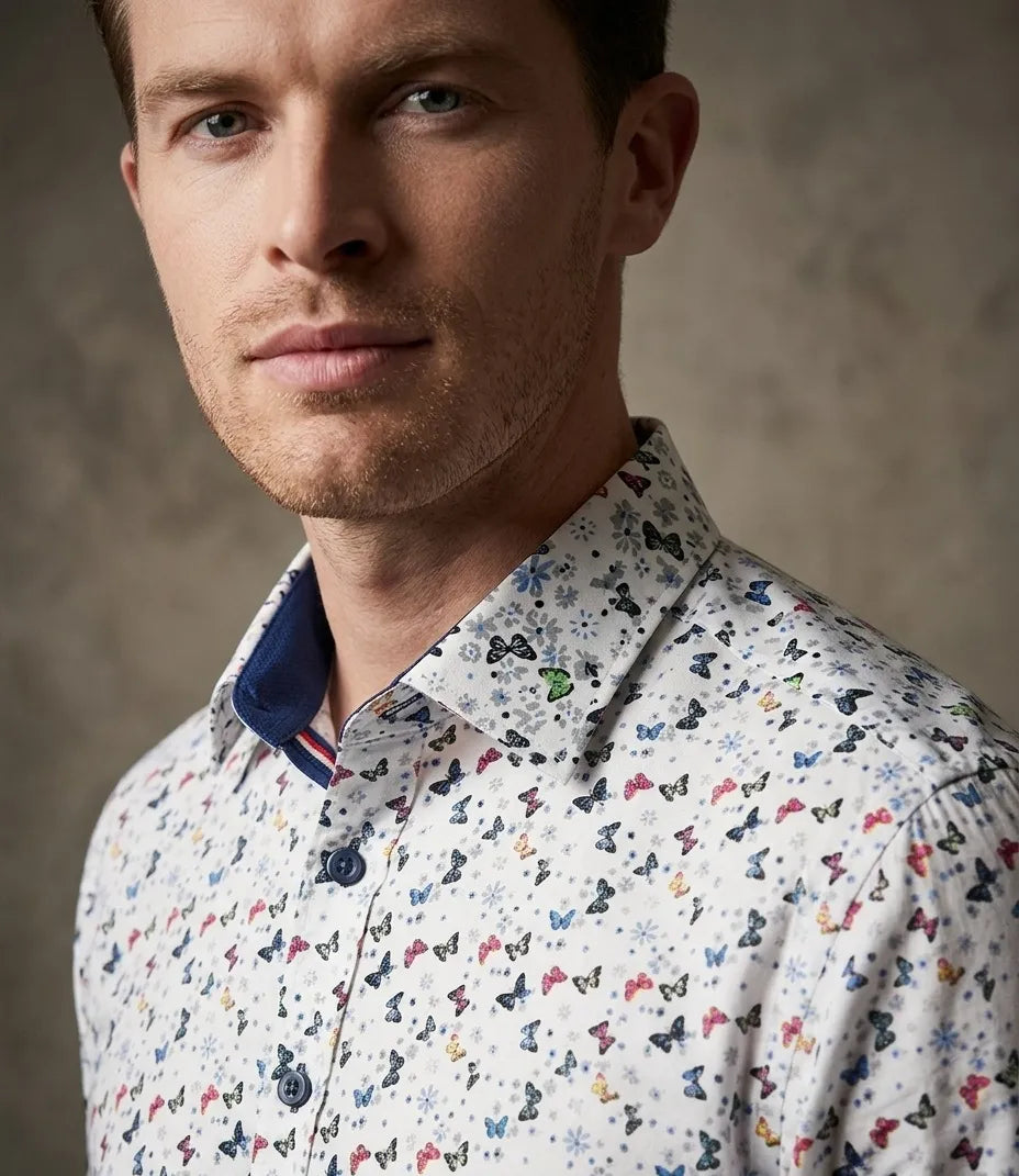White Small Butterfly Print Men's Shirt