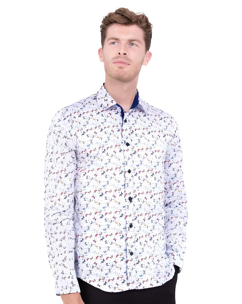 White Small Butterfly Print Men's Shirt-Makrom