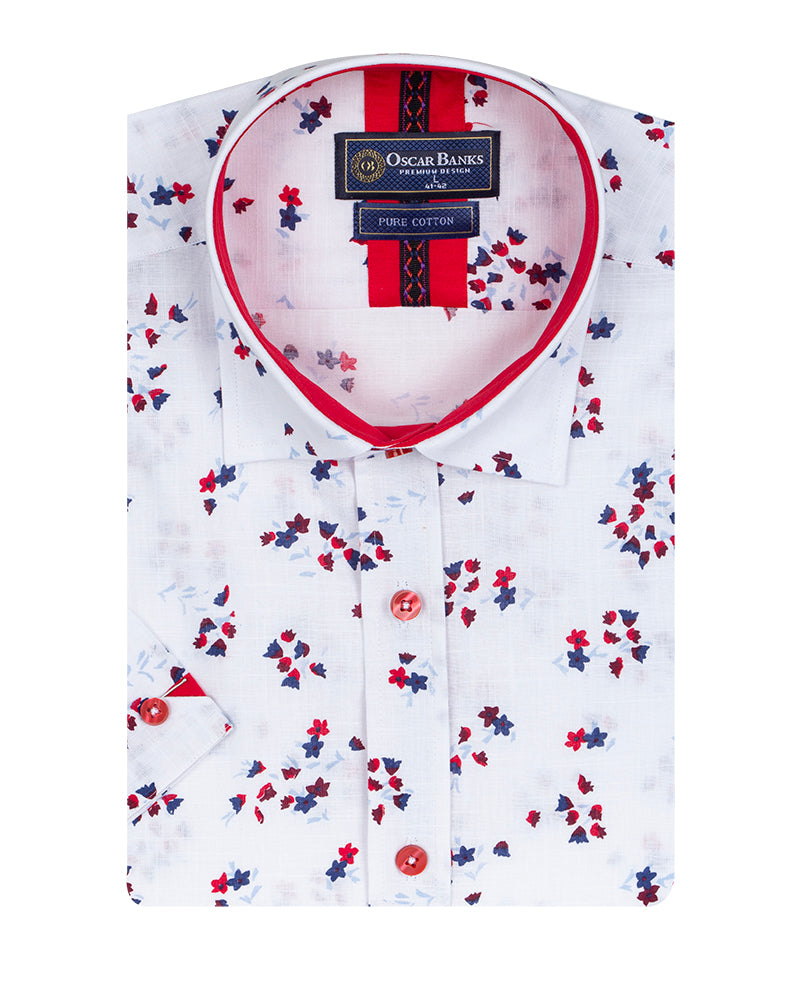 White Small Flower Pattern Print Short Sleeve Shirt-Makrom