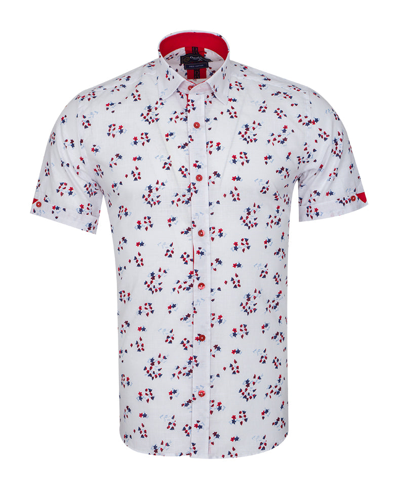 White Small Flower Pattern Print Short Sleeve Shirt-Makrom