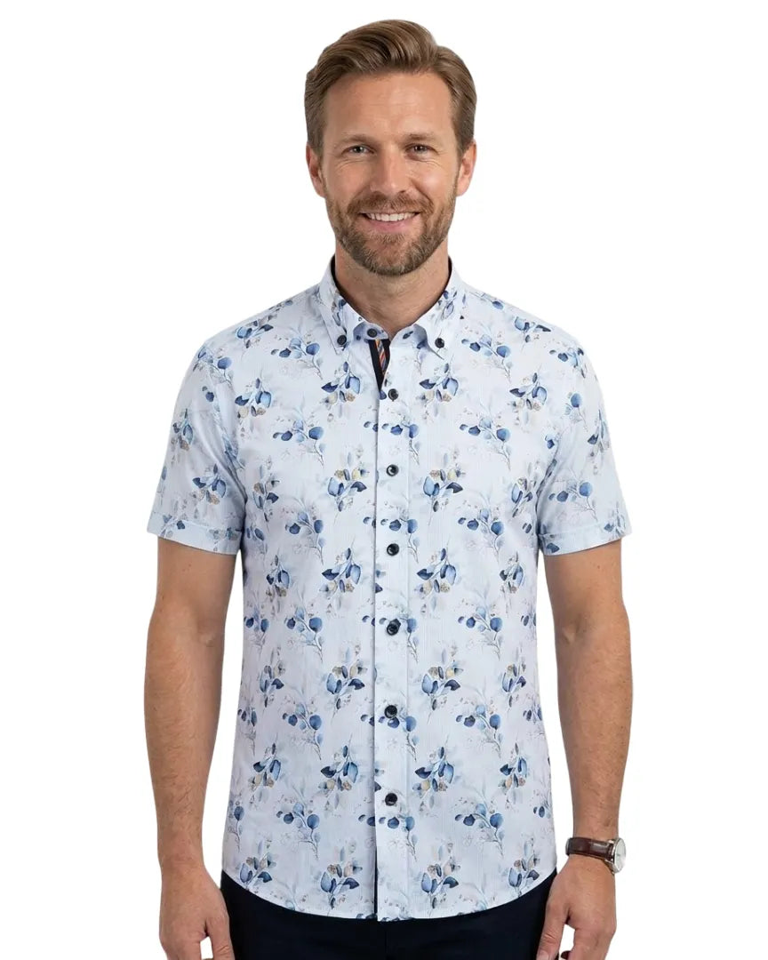 White Spring Flower Print Short Sleeve Shirt-Makrom