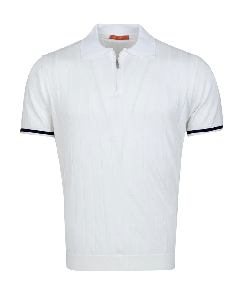 White Textured Quarter-Zip Polo with Navy Tipping-Makrom