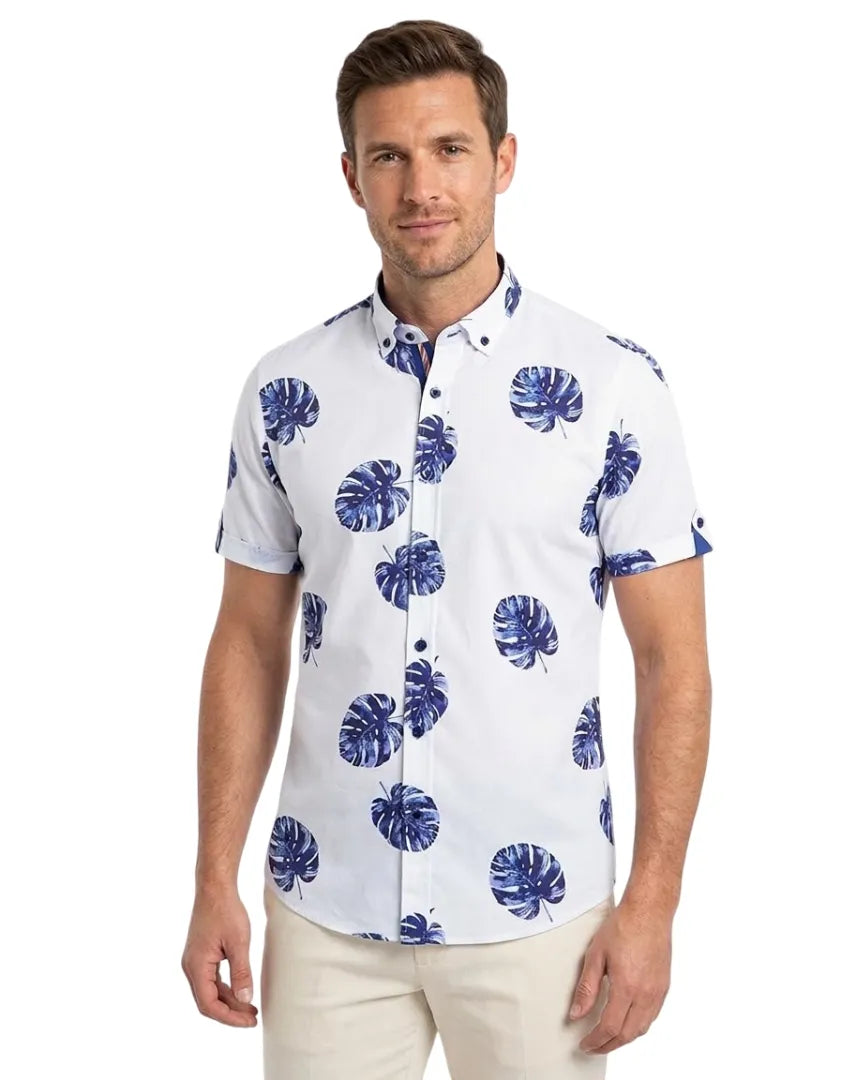 White Tropical Palm Leaf Print Short Sleeve Shirt-Makrom