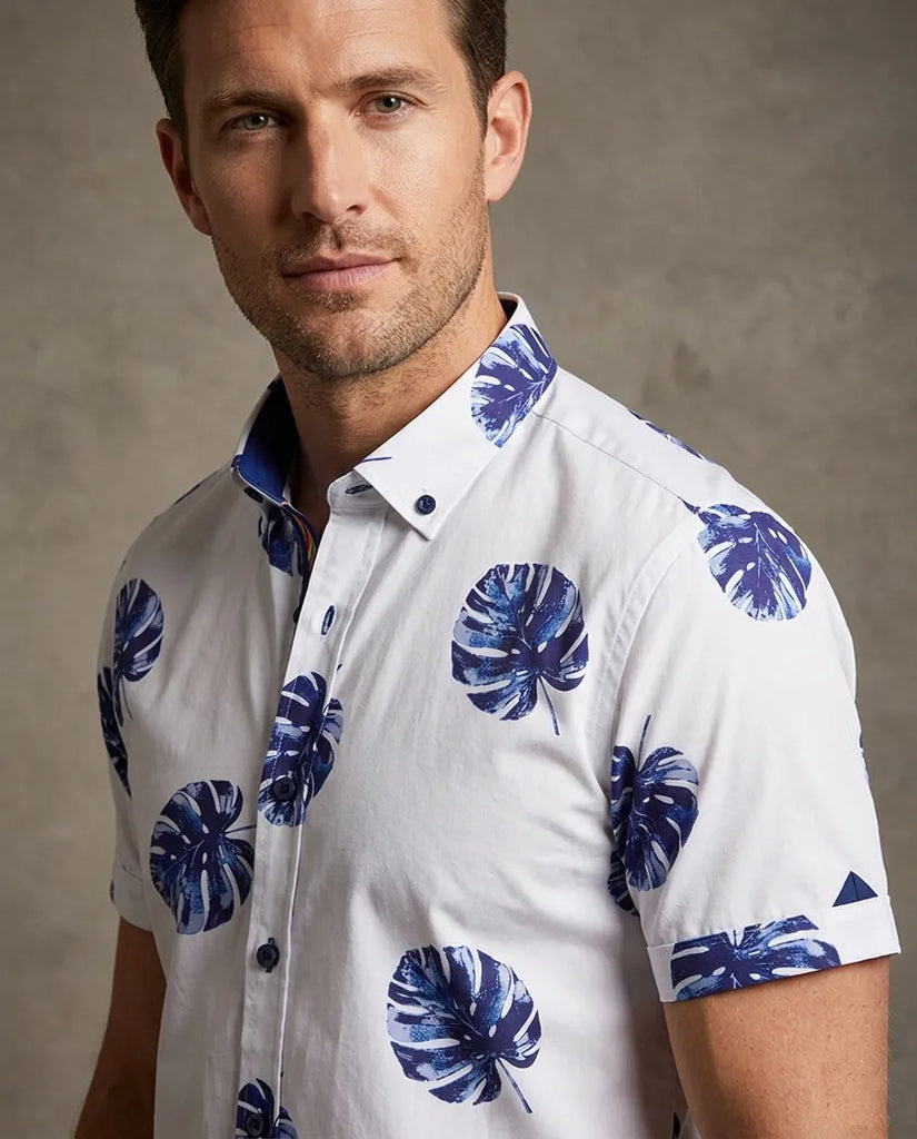 White Tropical Palm Leaf Print Short Sleeve Shirt