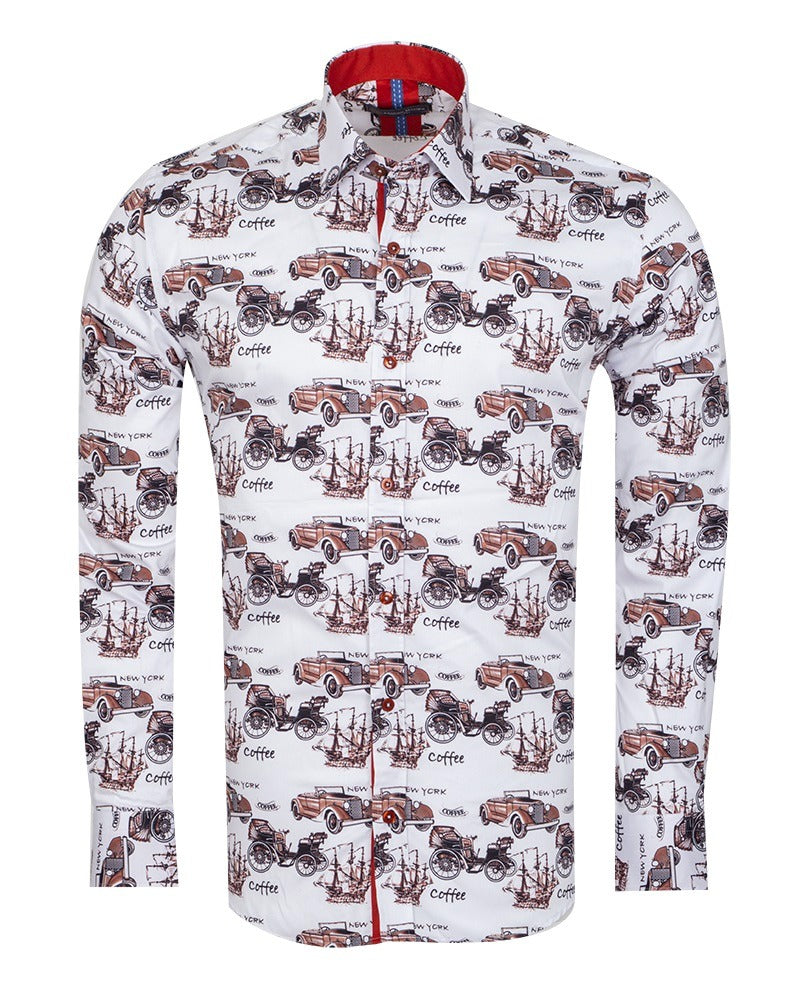White Vintage Cars Print with Matching Handkerchief-Makrom