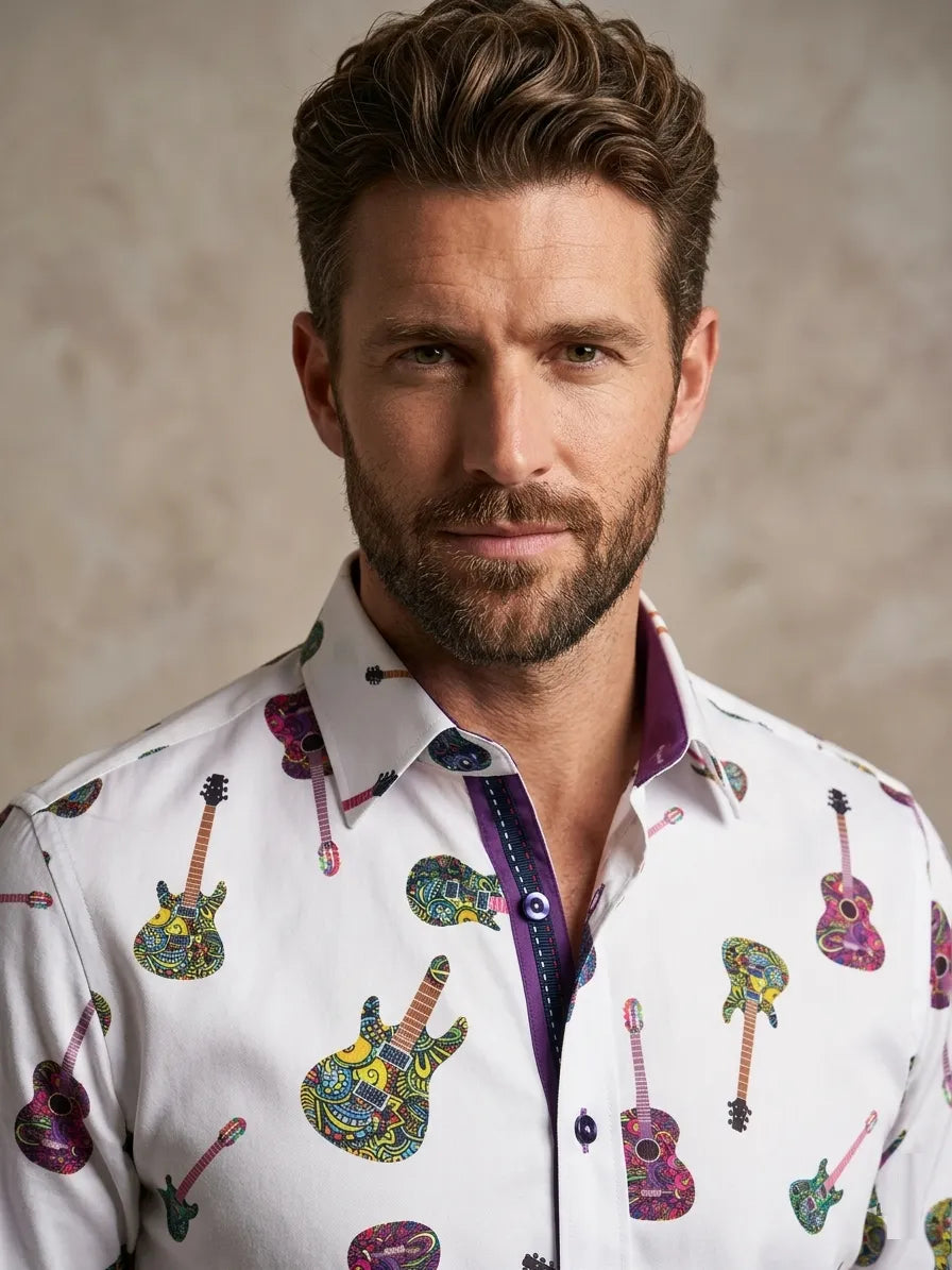 funky men's dress shirts Retro 70s Long Sleeve Men Button up Shirt, Vintage Trippy Groovy Funky Psychedelic Print Guys Male Buttoned Collared Dress Chest Pocket