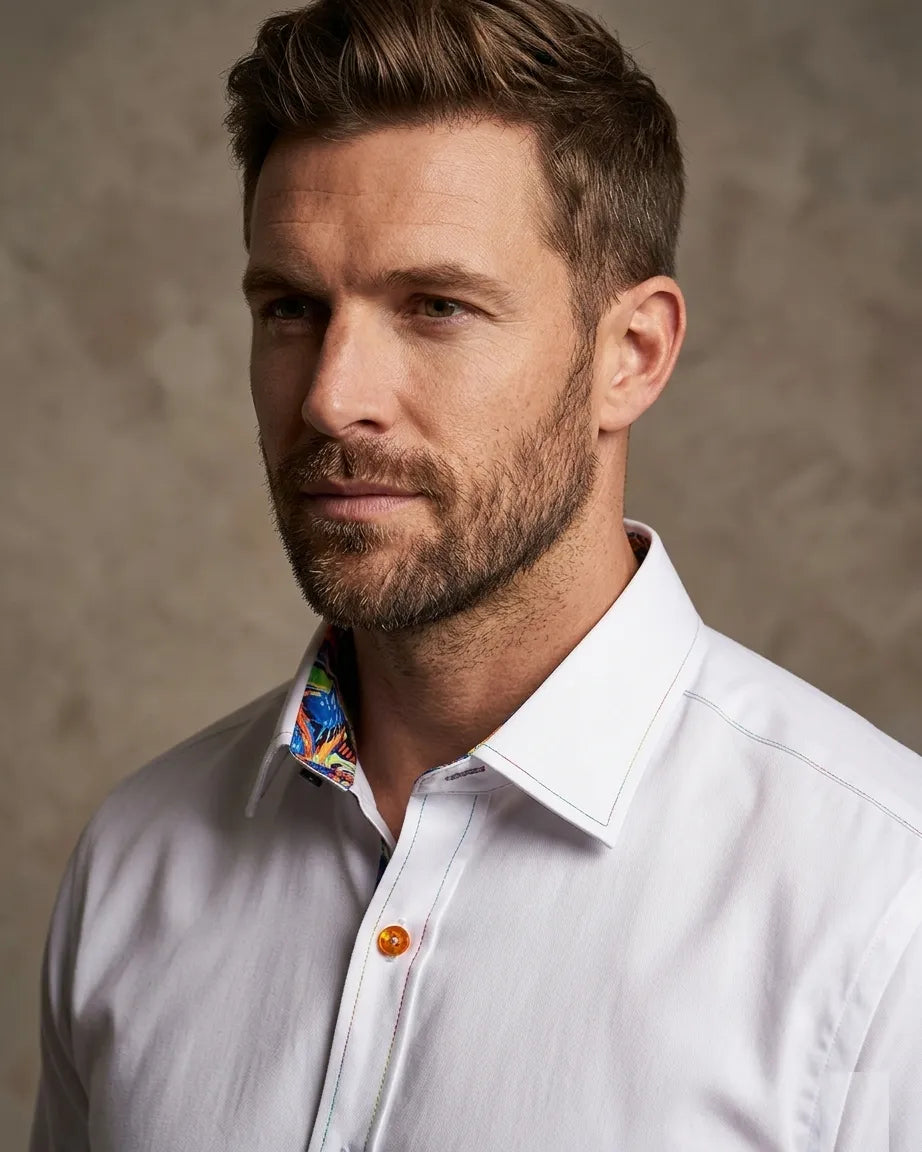 White Plain Panel Colourful Print Collar Tip Shirt