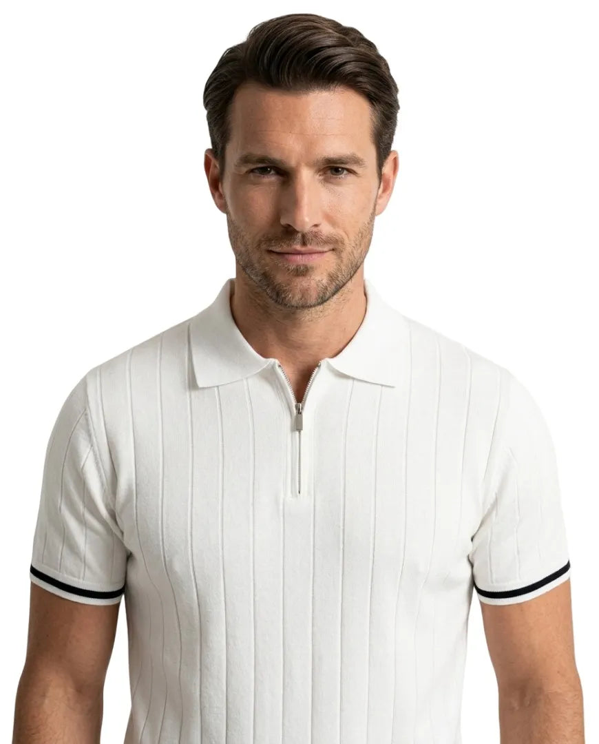 White Textured Quarter-Zip Polo with Navy Tipping