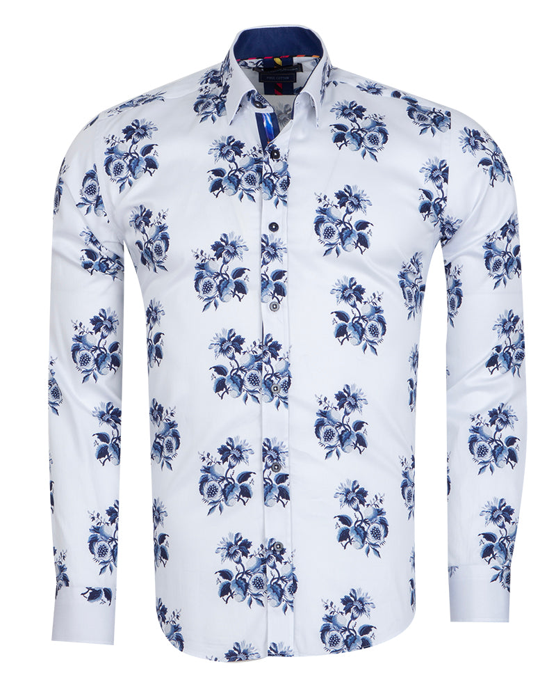 Blue Mosaic Floral Print Shirt with Matching Handkerchief