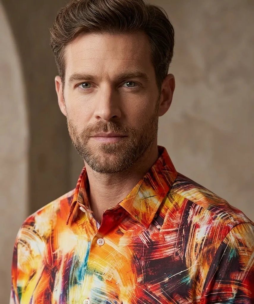 Yellow Abstract Print Long Sleeve Satin Men`s Shirt