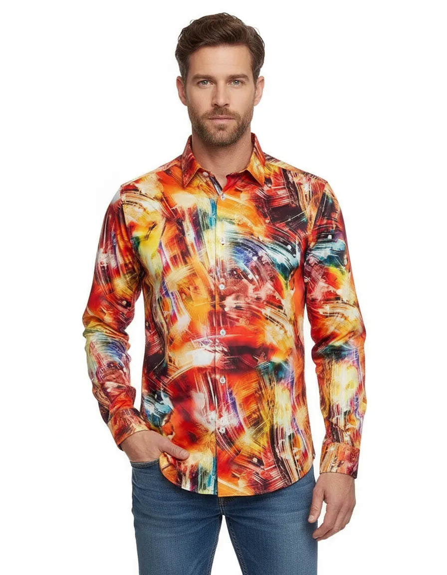 Yellow Abstract Print Long Sleeve Satin Men`s Shirt-Makrom