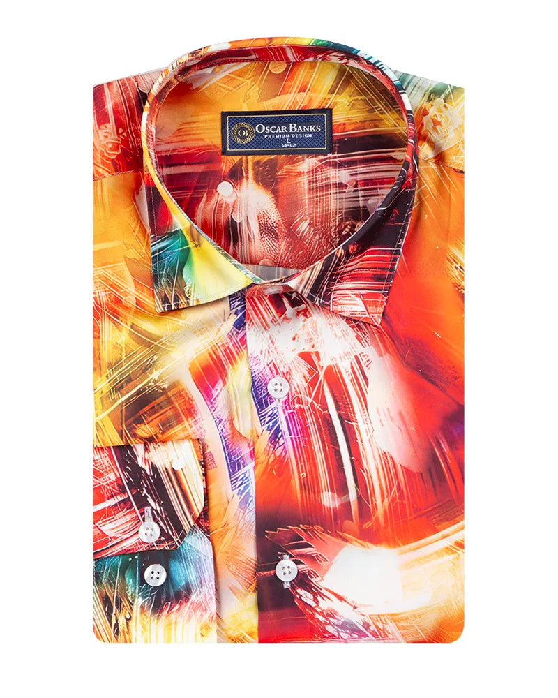 Yellow Abstract Print Long Sleeve Satin Men`s Shirt-Makrom