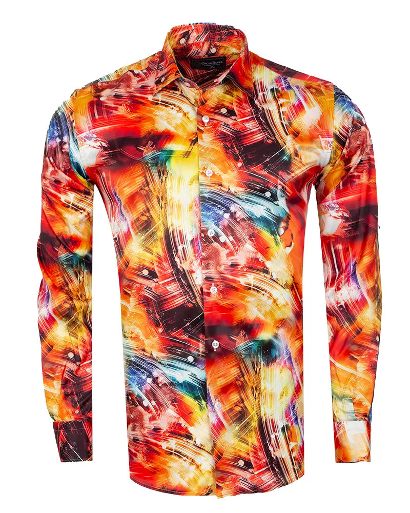 Yellow Abstract Print Long Sleeve Satin Men`s Shirt-Makrom