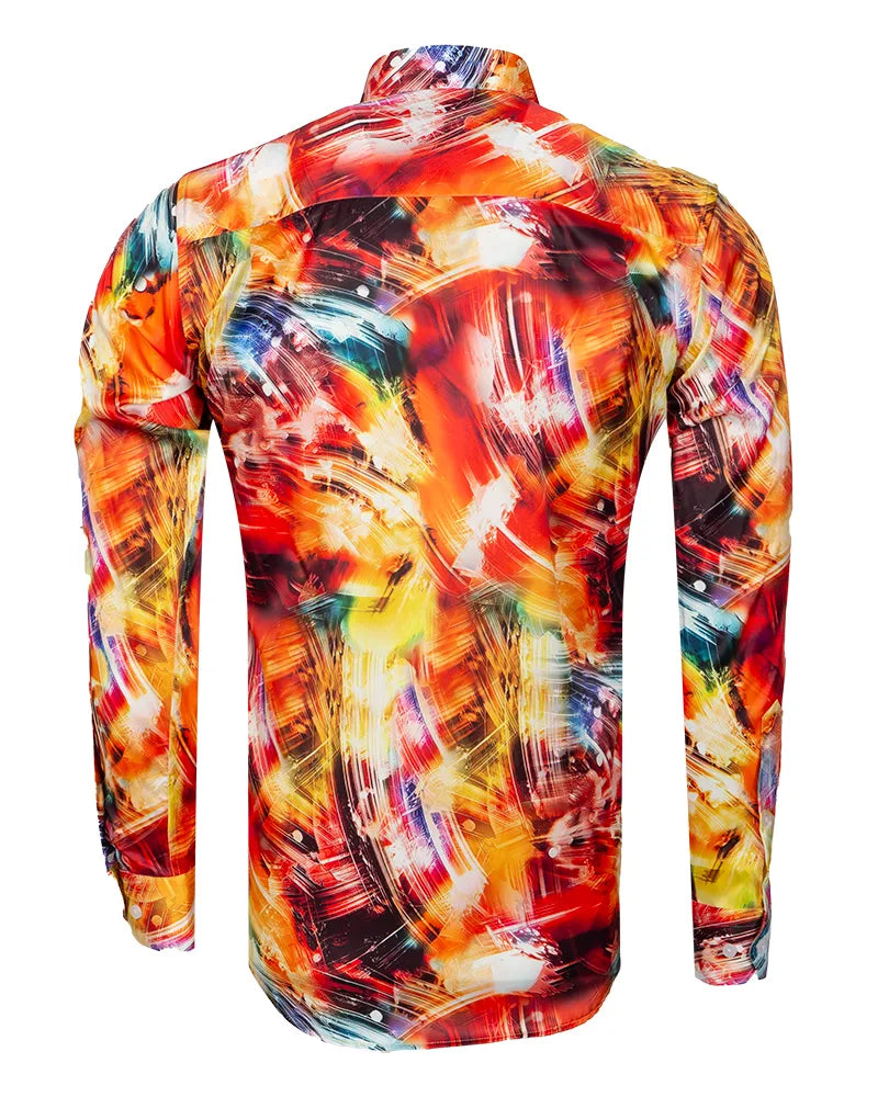 Yellow Abstract Print Long Sleeve Satin Men`s Shirt-Makrom
