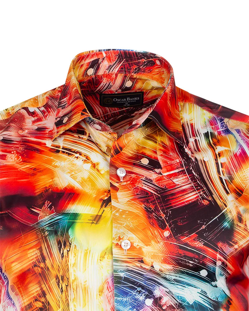 Yellow Abstract Print Long Sleeve Satin Men`s Shirt-Makrom