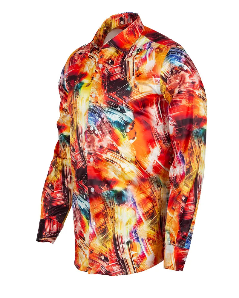 Yellow Abstract Print Long Sleeve Satin Men`s Shirt-Makrom