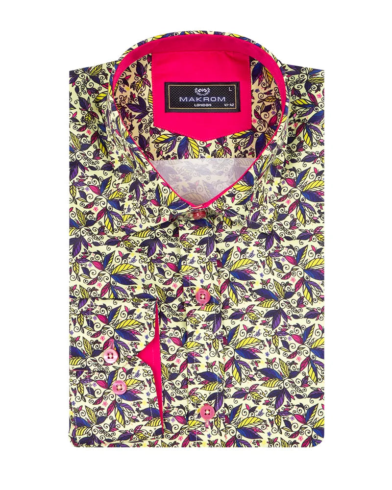 Yellow Colourful Leaf Print Shirt-Makrom