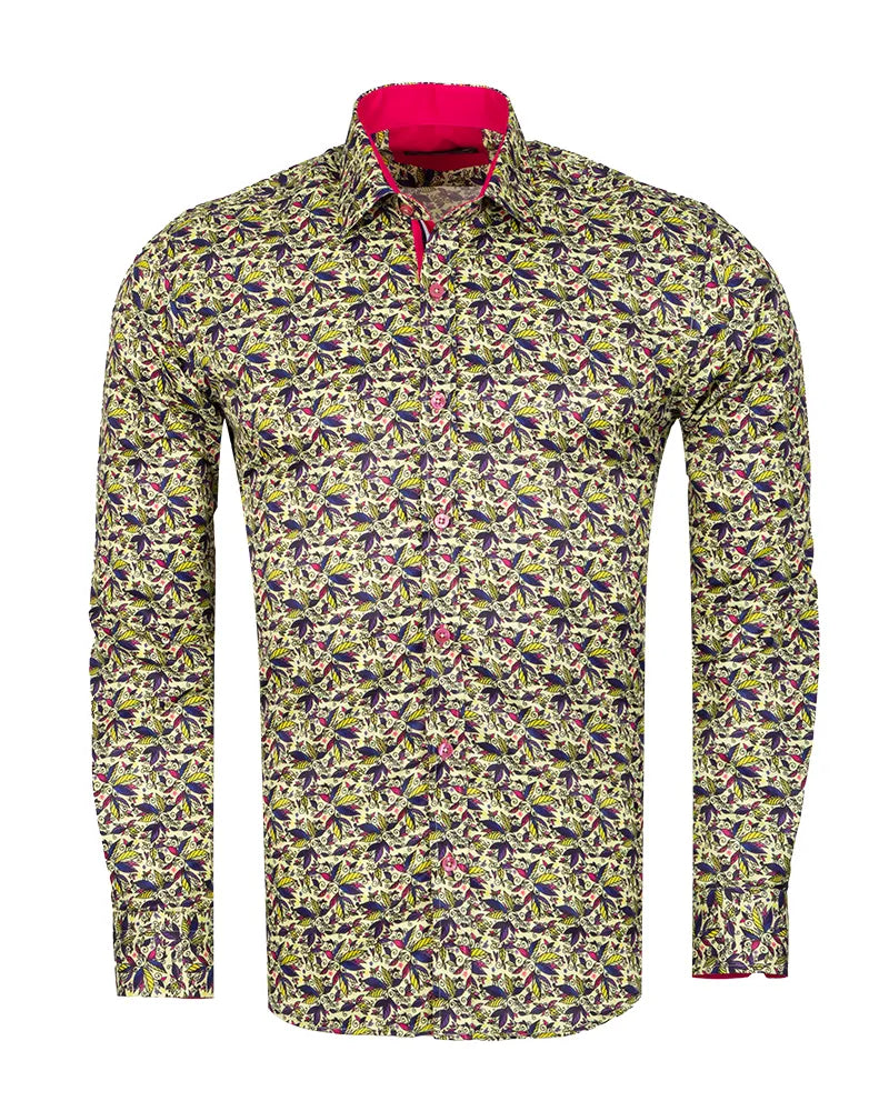 Yellow Colourful Leaf Print Shirt-Makrom
