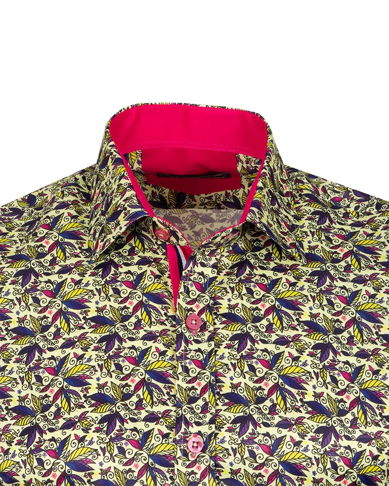 Yellow Colourful Leaf Print Shirt-Makrom