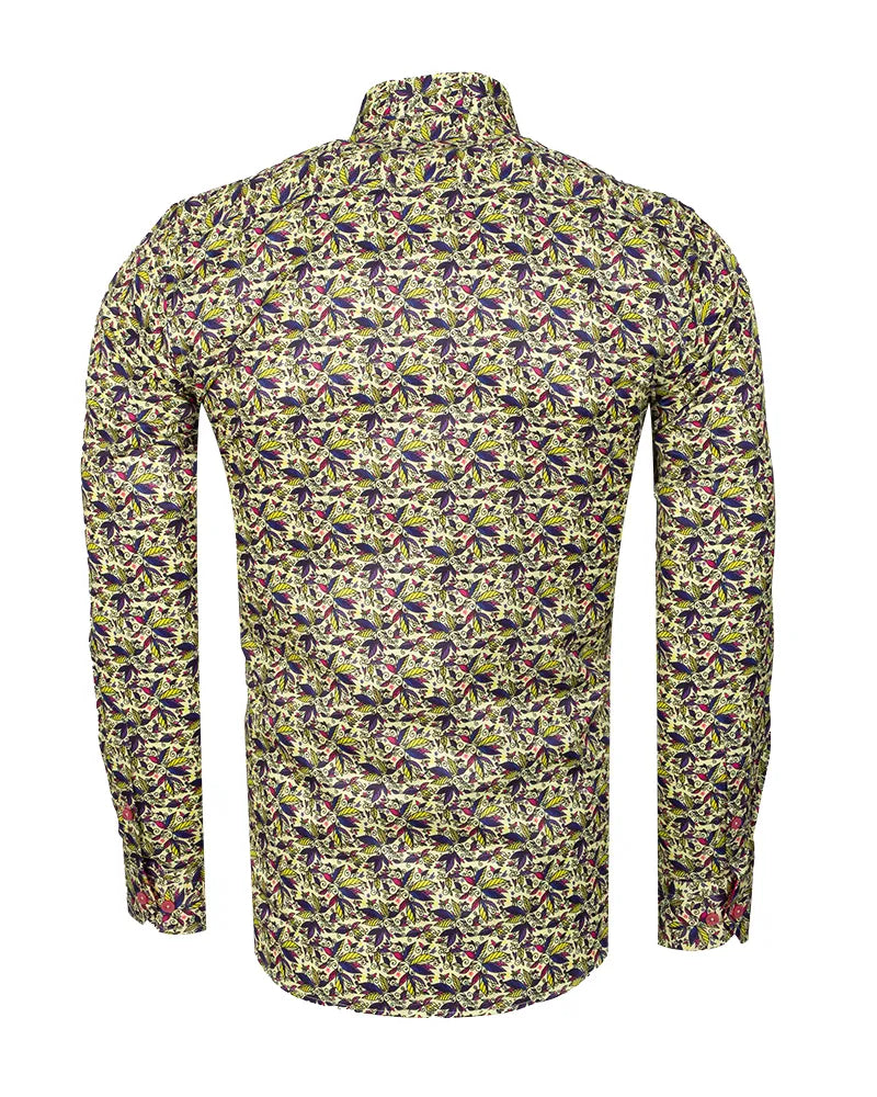 Yellow Colourful Leaf Print Shirt-Makrom