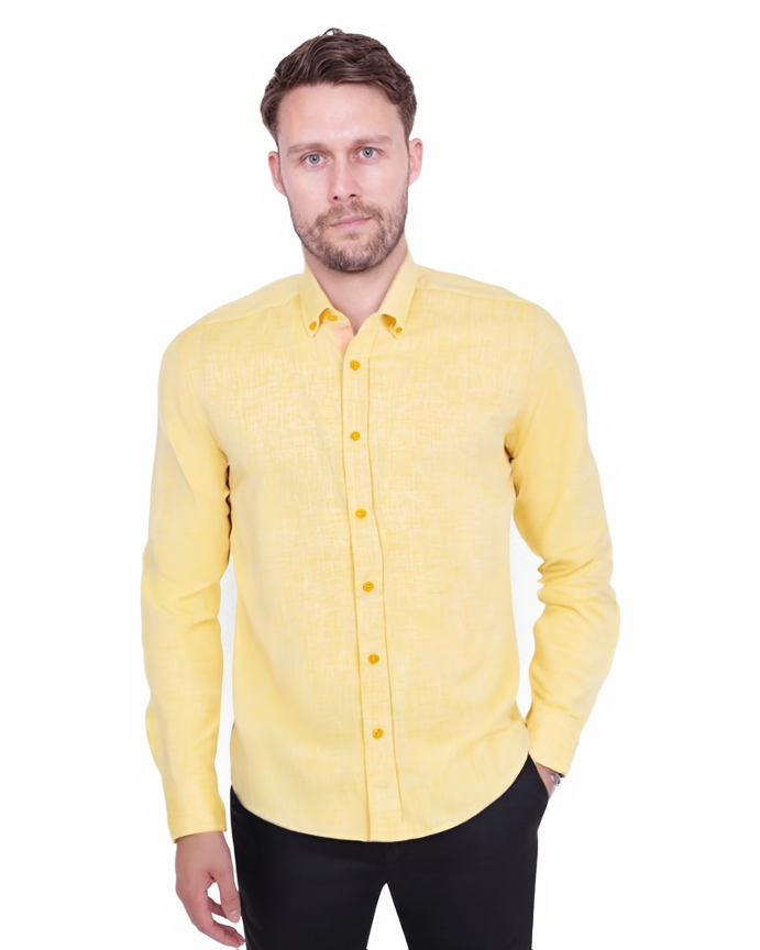 Yellow Linen Long Sleeve Shirt with Matching Handkechief-Makrom