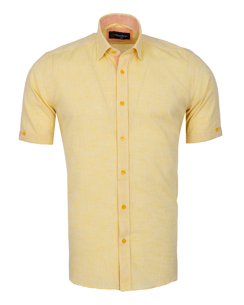 Yellow Linen Plain Short Sleeve Shirt-Makrom