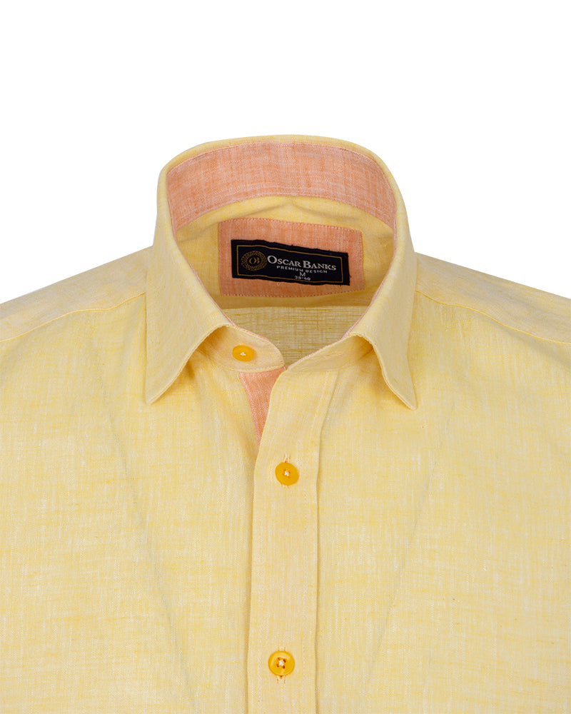 Yellow Linen Plain Short Sleeve Shirt-Makrom