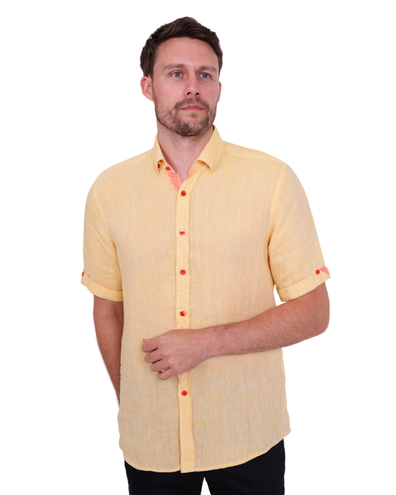 Yellow Plain Linen Short Sleeve Shirt-Makrom