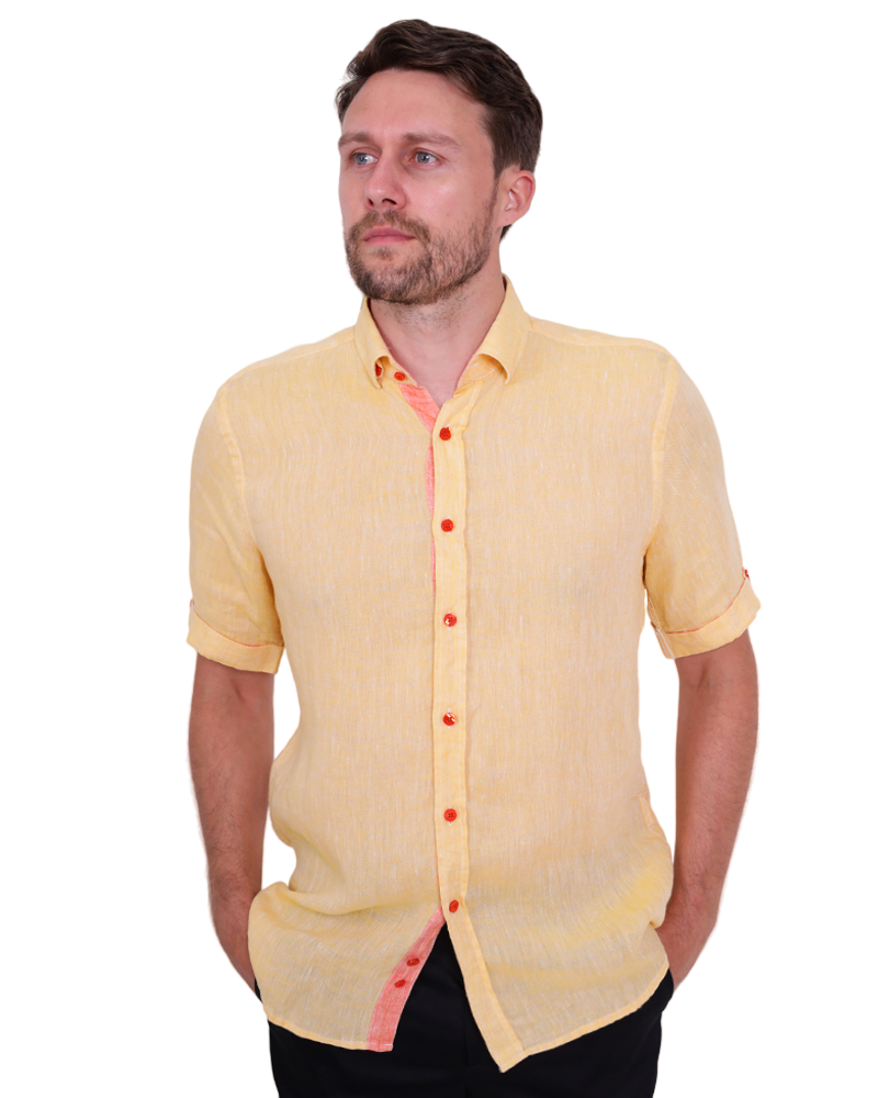 Yellow Plain Linen Short Sleeve Shirt-Makrom