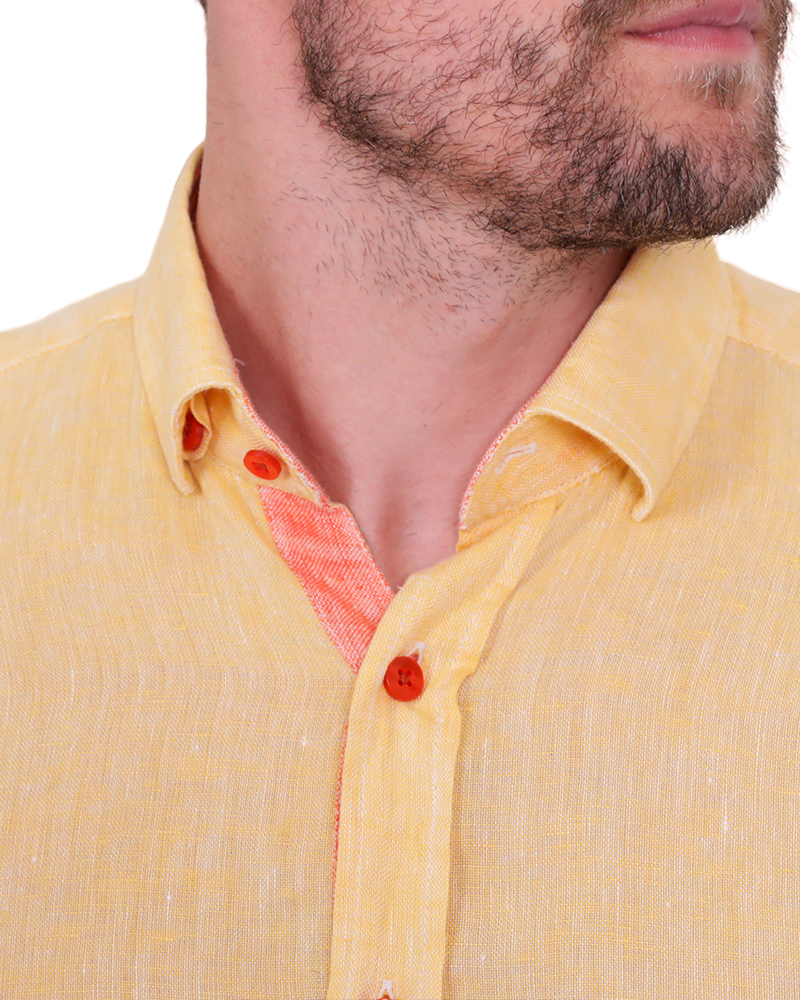 Yellow Plain Linen Short Sleeve Shirt-Makrom