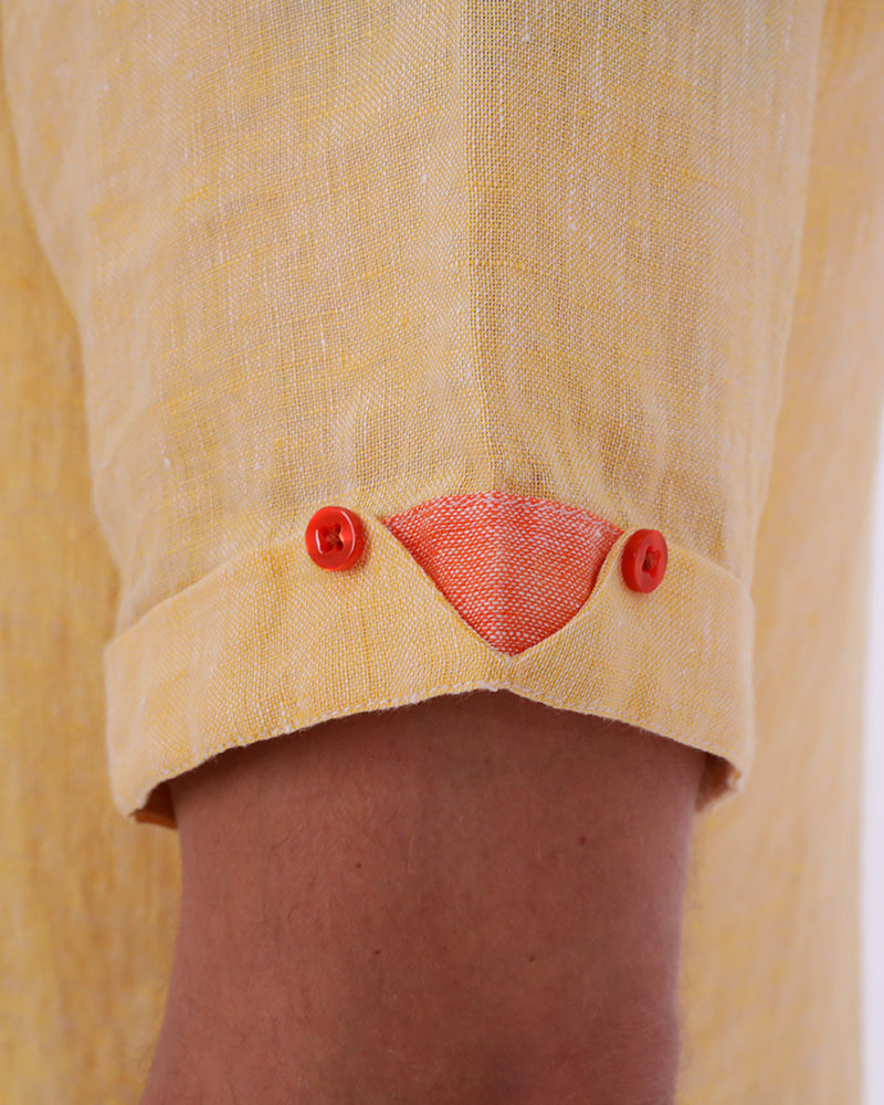 Yellow Plain Linen Short Sleeve Shirt-Makrom
