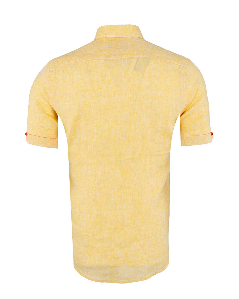 Yellow Plain Linen Short Sleeve Shirt-Makrom