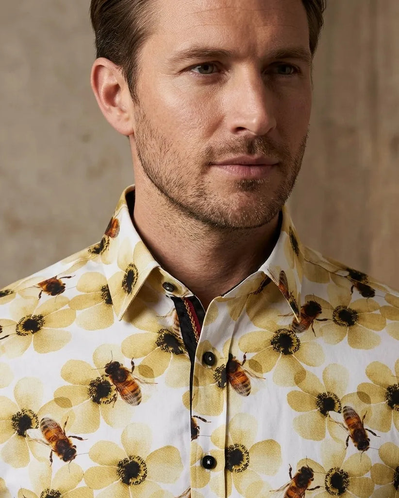 Cream Pure Cotton Honey Bee Print Men's Shirt