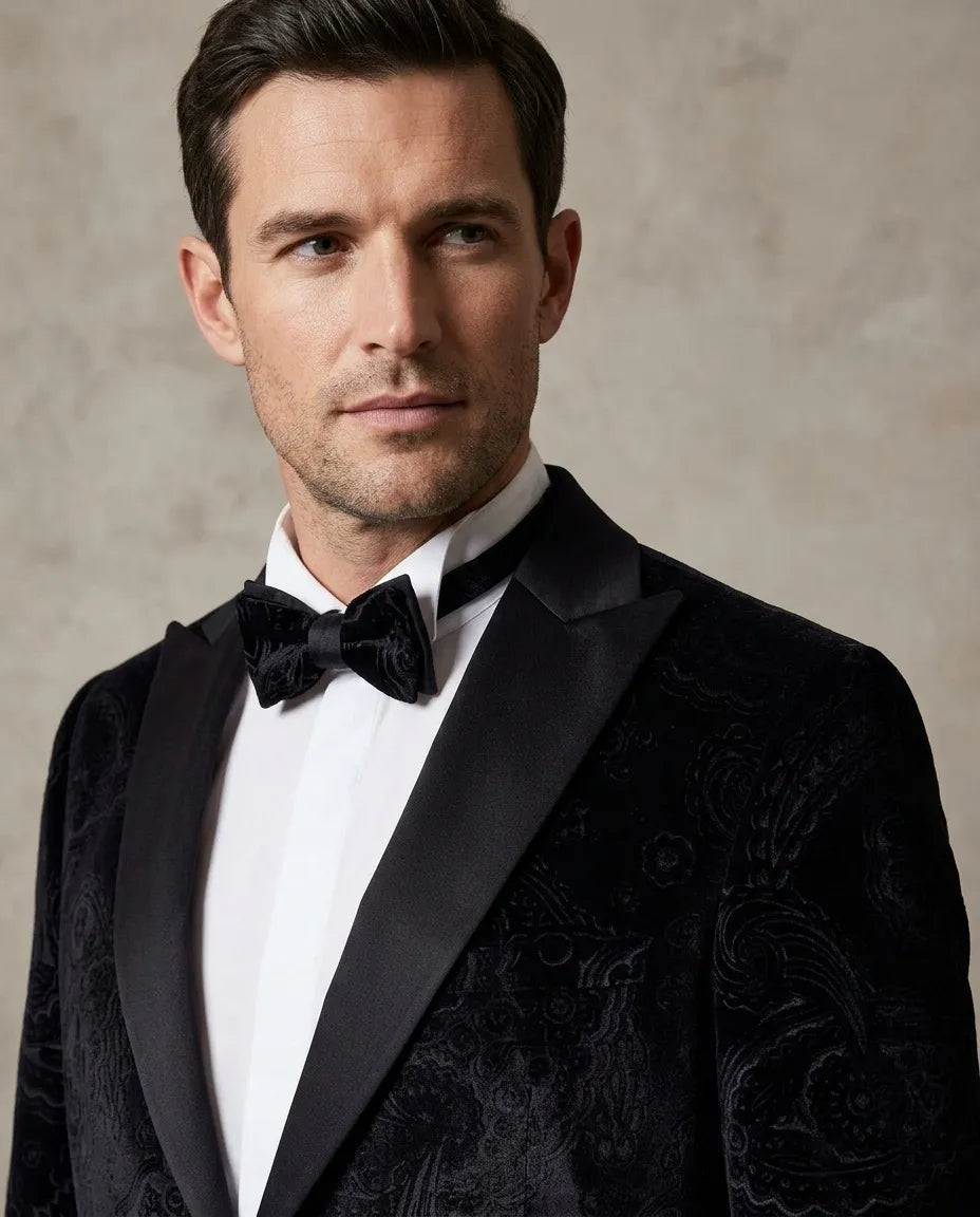 Black Velvet Paisley Feel Plain Blazer & Matching Bow Tie