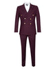 A men's double-breasted suit in deep burgundy with gold buttons, styled with a white dress shirt on a white background.