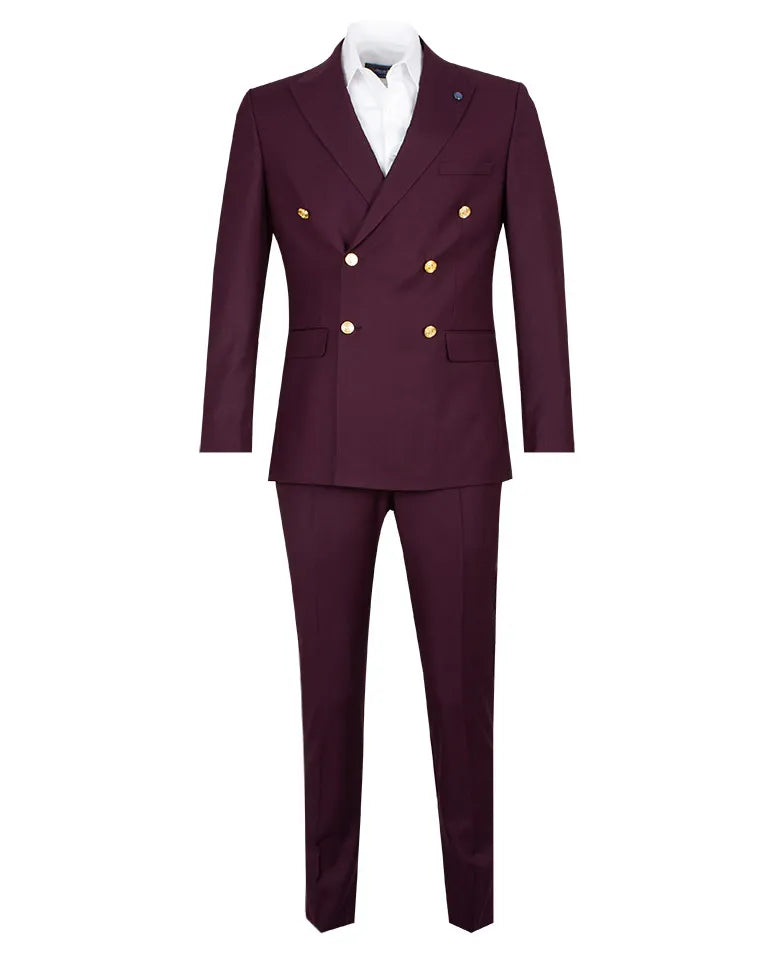 A men's double-breasted suit in deep burgundy with gold buttons, styled with a white dress shirt on a white background.