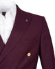 A close-up of a men's double-breasted suit jacket in deep burgundy, styled with a crisp white dress shirt. The jacket features a single gold button and a small blue lapel pin, set against a plain white background.