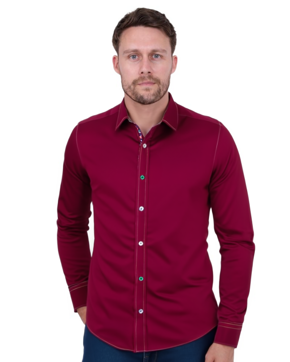 Burgundy Plain Colourful Stitching & Button Pure Cotton Shirt