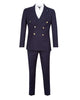 A navy blue double-breasted suit with gold buttons, styled with a white dress shirt, shown on a plain white background.