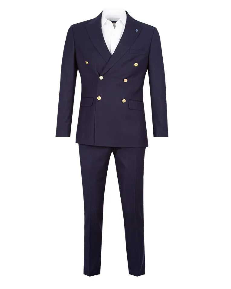 A navy blue double-breasted suit with gold buttons, styled with a white dress shirt, shown on a plain white background.