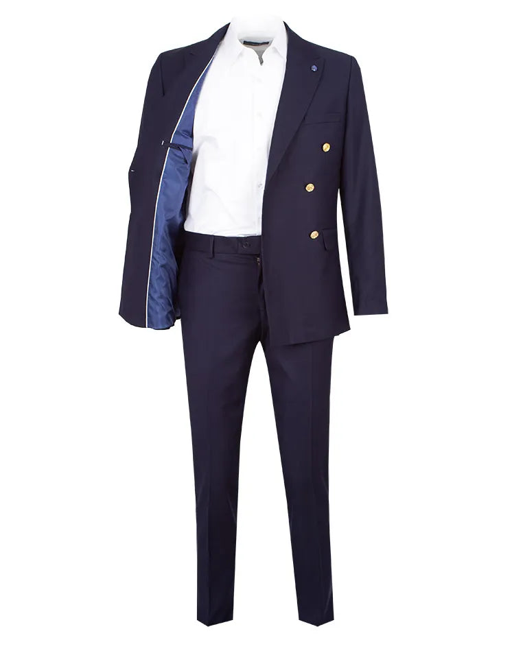 A men's navy blue double-breasted suit set, including a blazer with a blue satin lapel lining and gold buttons, paired with matching trousers and a white dress shirt, displayed on a mannequin torso against a white background.