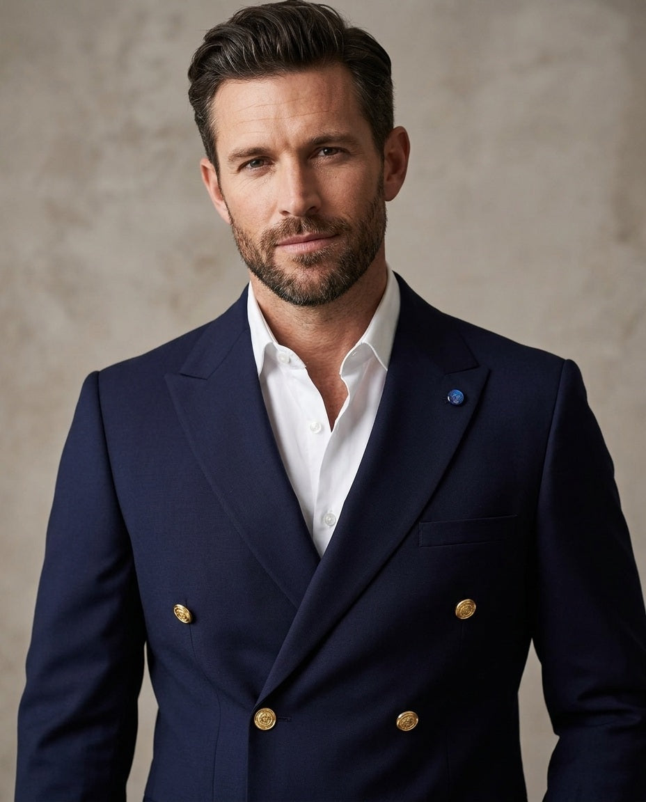 A man wearing a navy blue double-breasted suit jacket with gold buttons, styled over a white dress shirt, photographed against a textured neutral background.