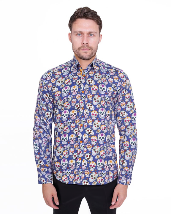 Dark Blue day of the dead Skull Print Shirt with Matching Handkerchief
