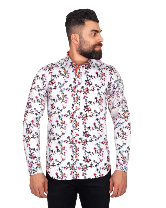 White Flowers Print Shirt with Matching Handkerchief